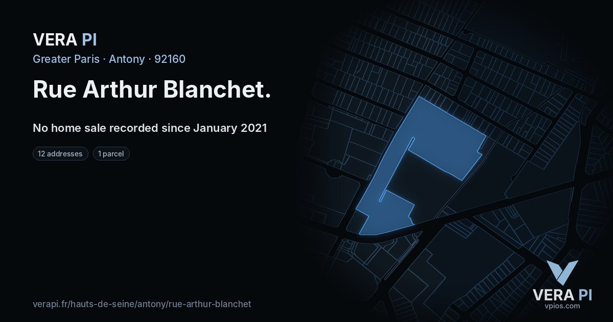 Rue Arthur Blanchet, Antony at night – every parcel coloured by the prices around it, the street's own parcels lit