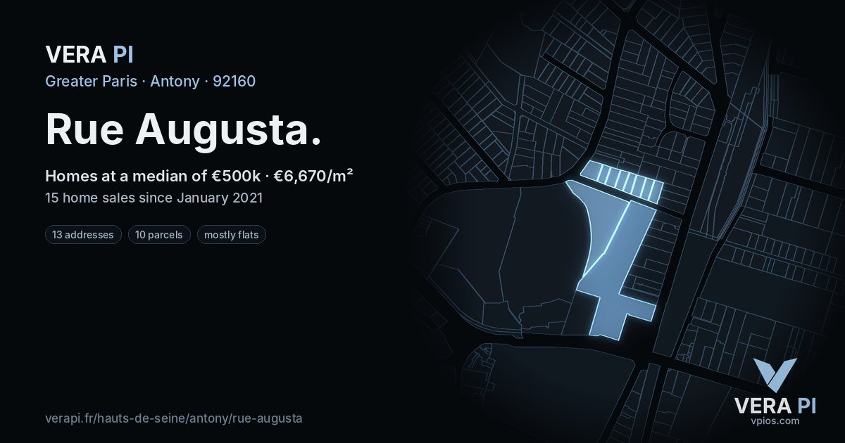 Rue Augusta, Antony at night – every parcel coloured by the prices around it, the street's own parcels lit