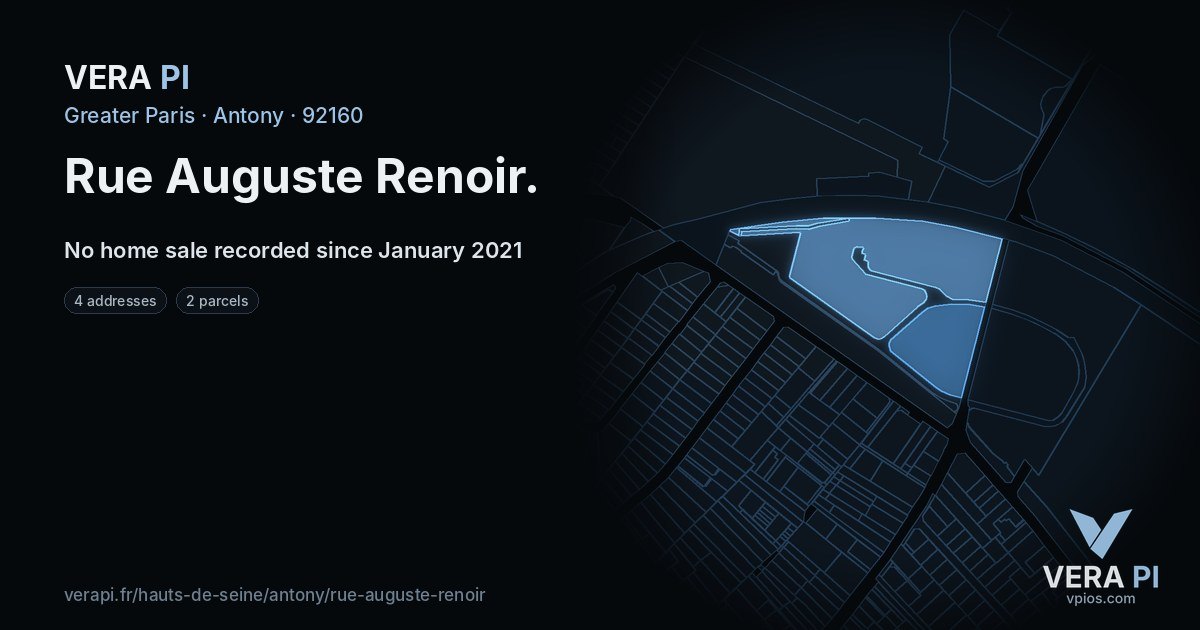 Rue Auguste Renoir, Antony at night – every parcel coloured by the prices around it, the street's own parcels lit