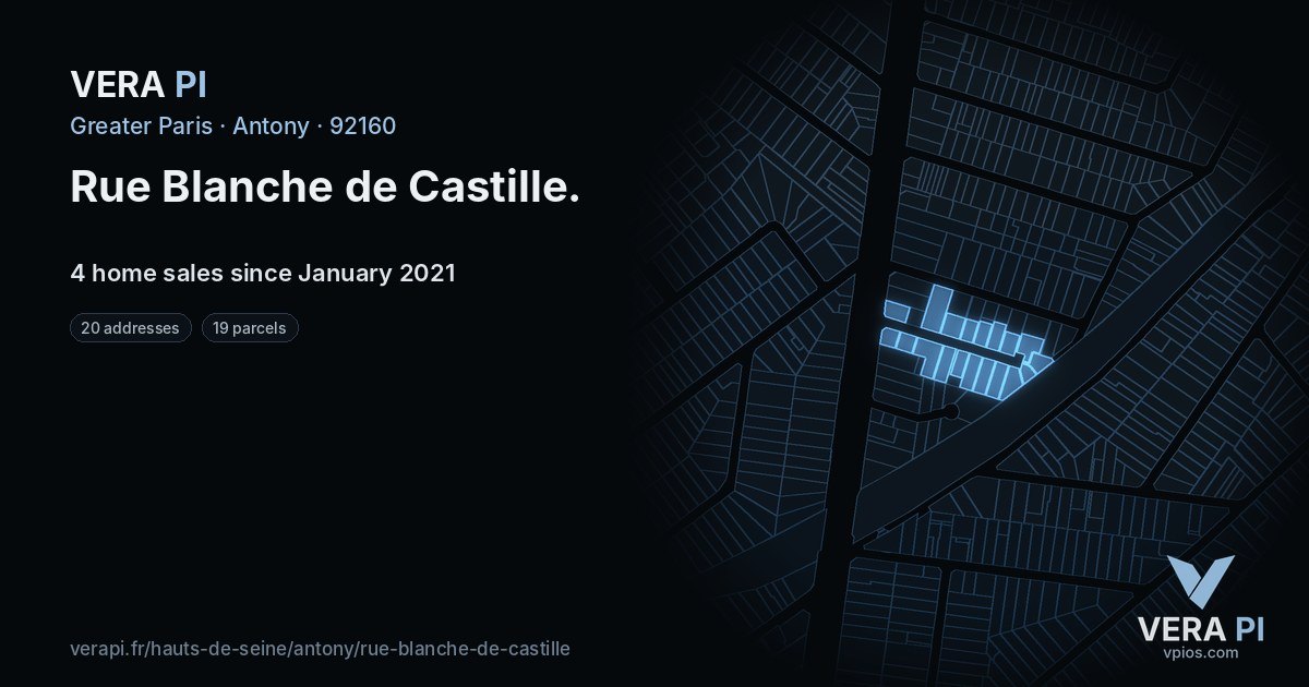 Rue Blanche de Castille, Antony at night – every parcel coloured by the prices around it, the street's own parcels lit