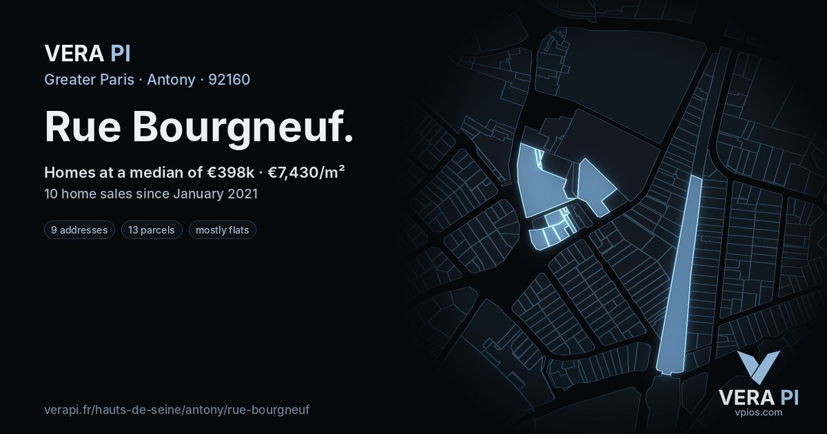 Rue Bourgneuf, Antony at night – every parcel coloured by the prices around it, the street's own parcels lit