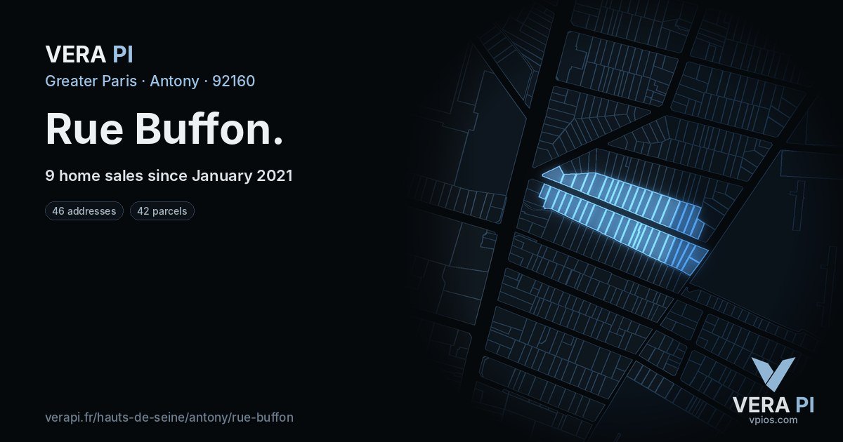 Rue Buffon, Antony at night – every parcel coloured by the prices around it, the street's own parcels lit