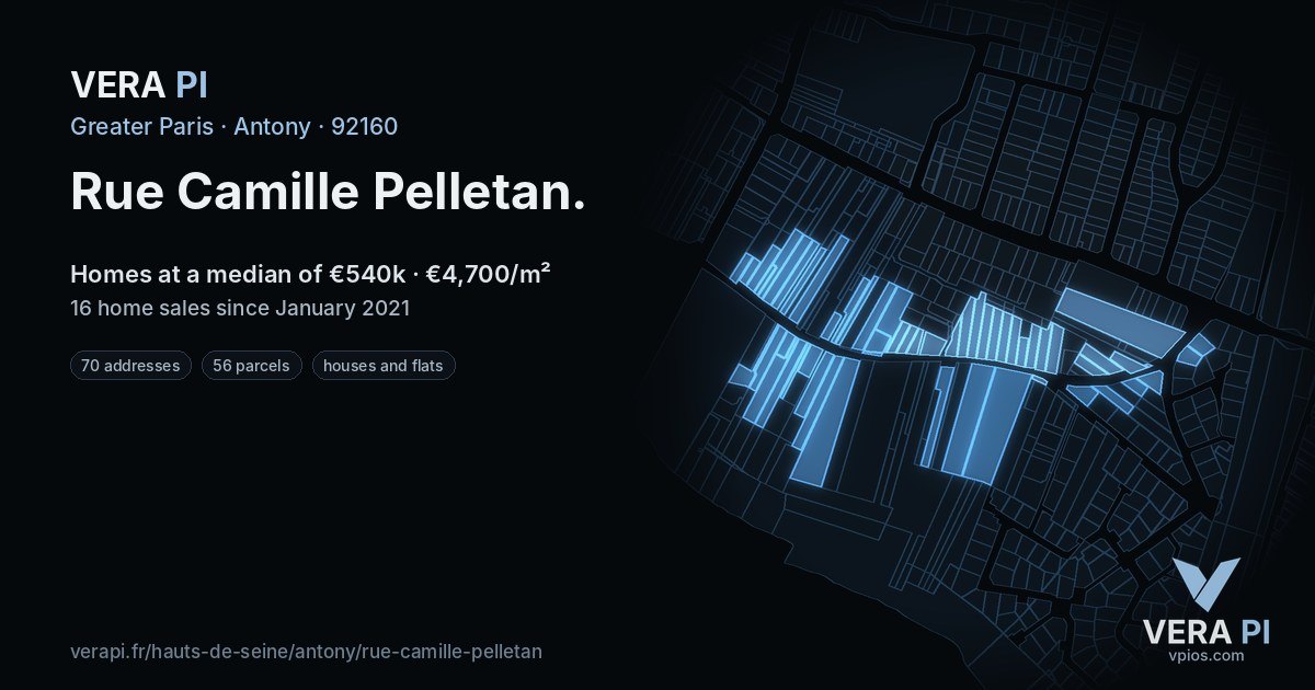 Rue Camille Pelletan, Antony at night – every parcel coloured by the prices around it, the street's own parcels lit