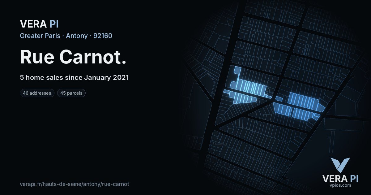 Rue Carnot, Antony at night – every parcel coloured by the prices around it, the street's own parcels lit