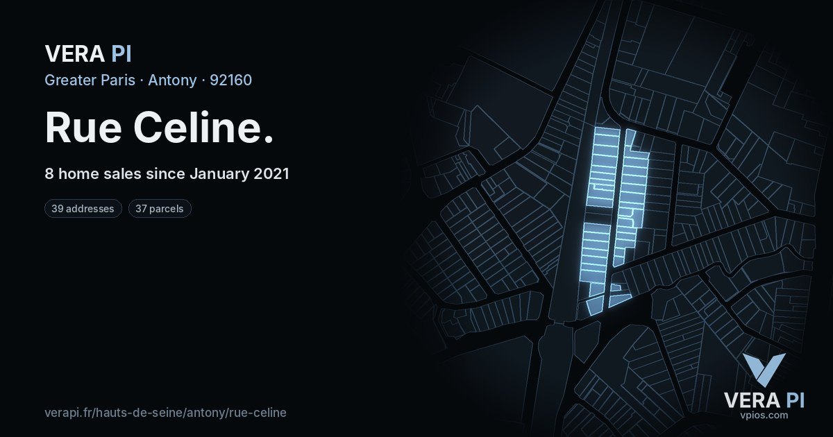 Rue Celine, Antony at night – every parcel coloured by the prices around it, the street's own parcels lit
