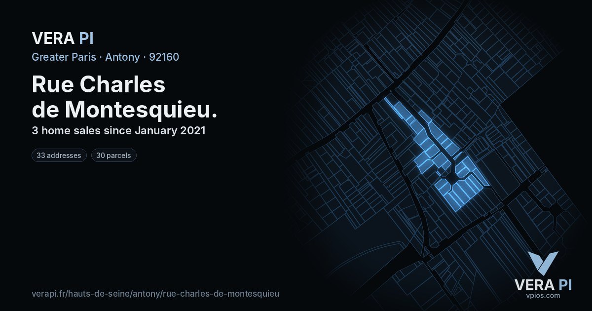 Rue Charles de Montesquieu, Antony at night – every parcel coloured by the prices around it, the street's own parcels lit