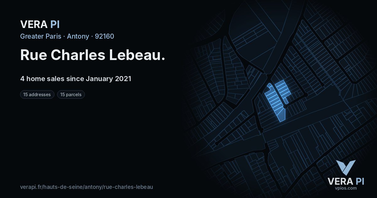 Rue Charles Lebeau, Antony at night – every parcel coloured by the prices around it, the street's own parcels lit