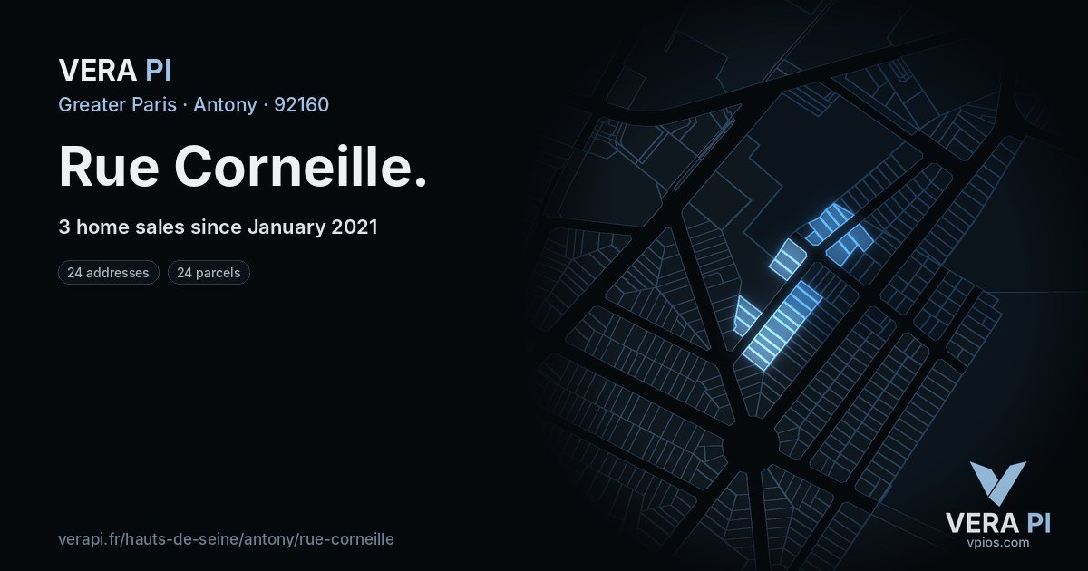 Rue Corneille, Antony at night – every parcel coloured by the prices around it, the street's own parcels lit
