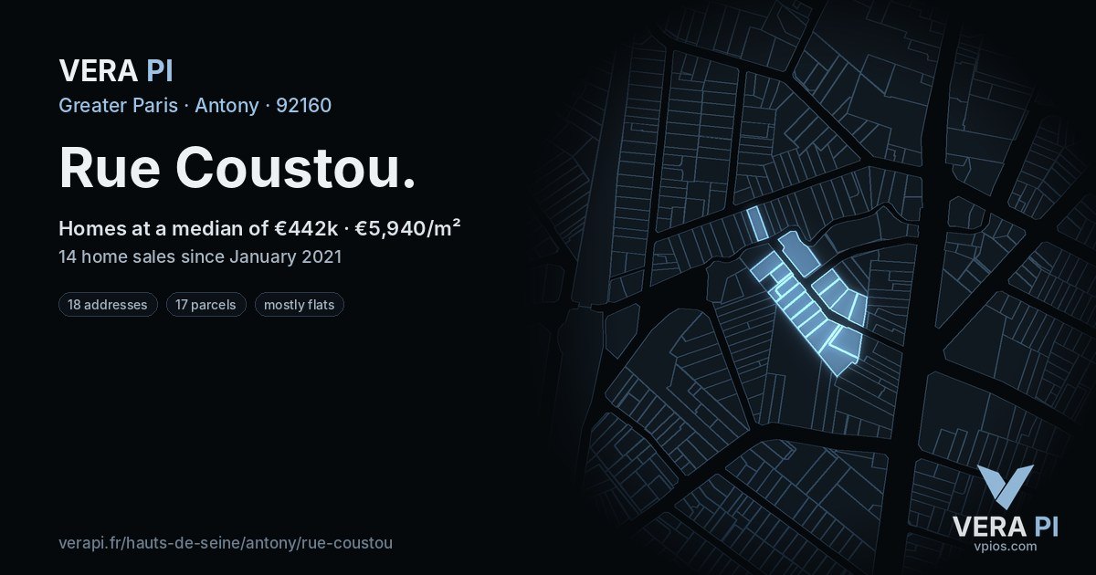Rue Coustou, Antony at night – every parcel coloured by the prices around it, the street's own parcels lit