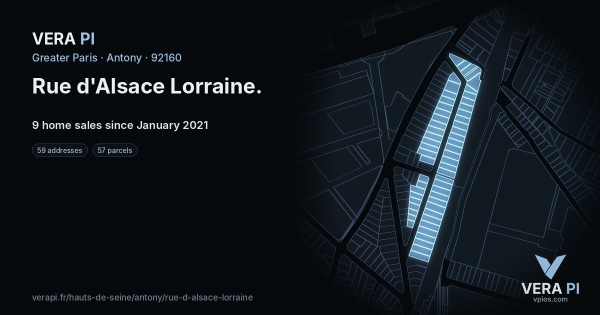 Rue d'Alsace Lorraine, Antony at night – every parcel coloured by the prices around it, the street's own parcels lit