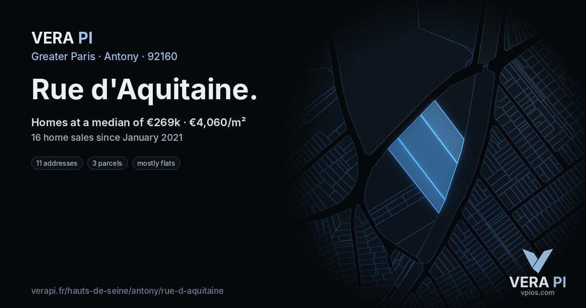 Rue d'Aquitaine, Antony at night – every parcel coloured by the prices around it, the street's own parcels lit