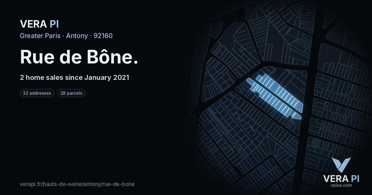 Rue de Bône, Antony at night – every parcel coloured by the prices around it, the street's own parcels lit