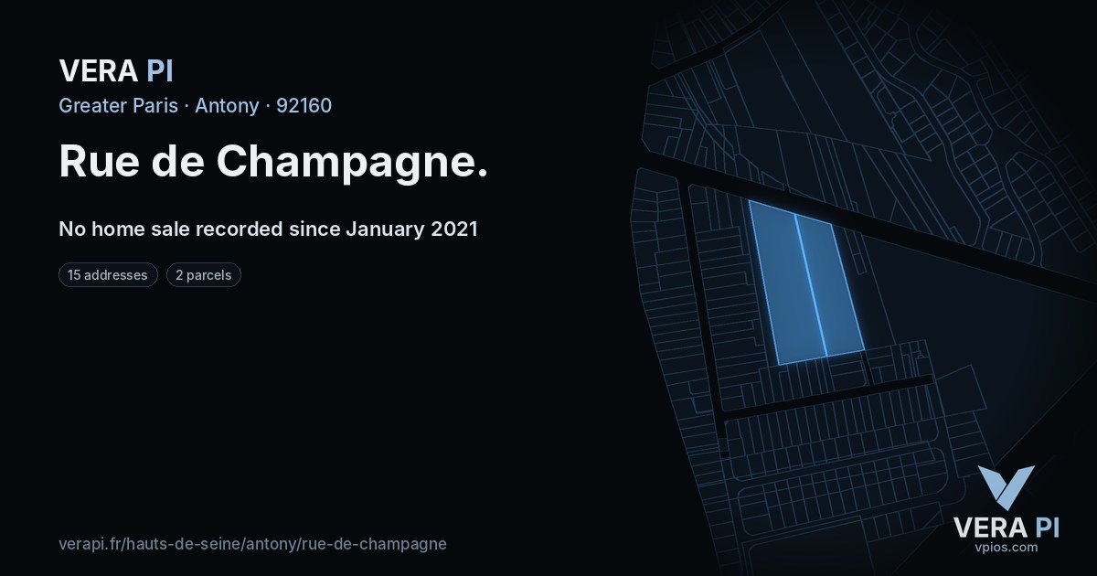 Rue de Champagne, Antony at night – every parcel coloured by the prices around it, the street's own parcels lit