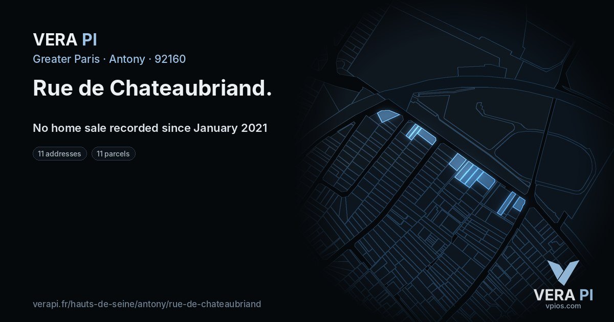 Rue de Chateaubriand, Antony at night – every parcel coloured by the prices around it, the street's own parcels lit