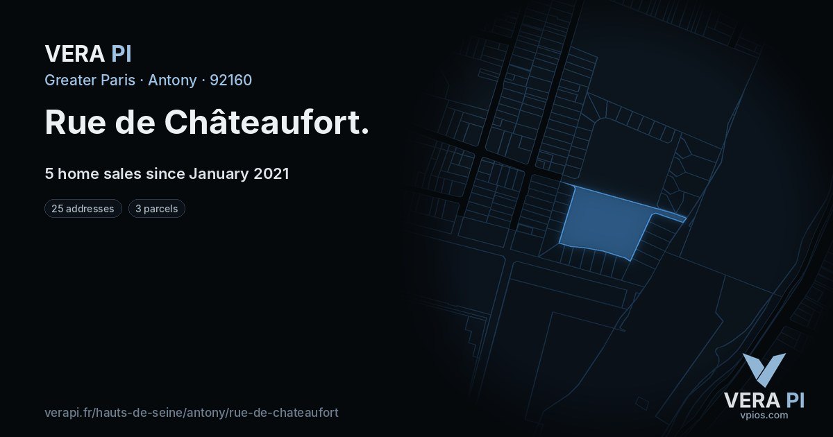 Rue de Châteaufort, Antony at night – every parcel coloured by the prices around it, the street's own parcels lit