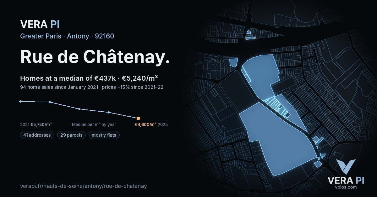 Rue de Châtenay, Antony at night – every parcel coloured by the prices around it, the street's own parcels lit
