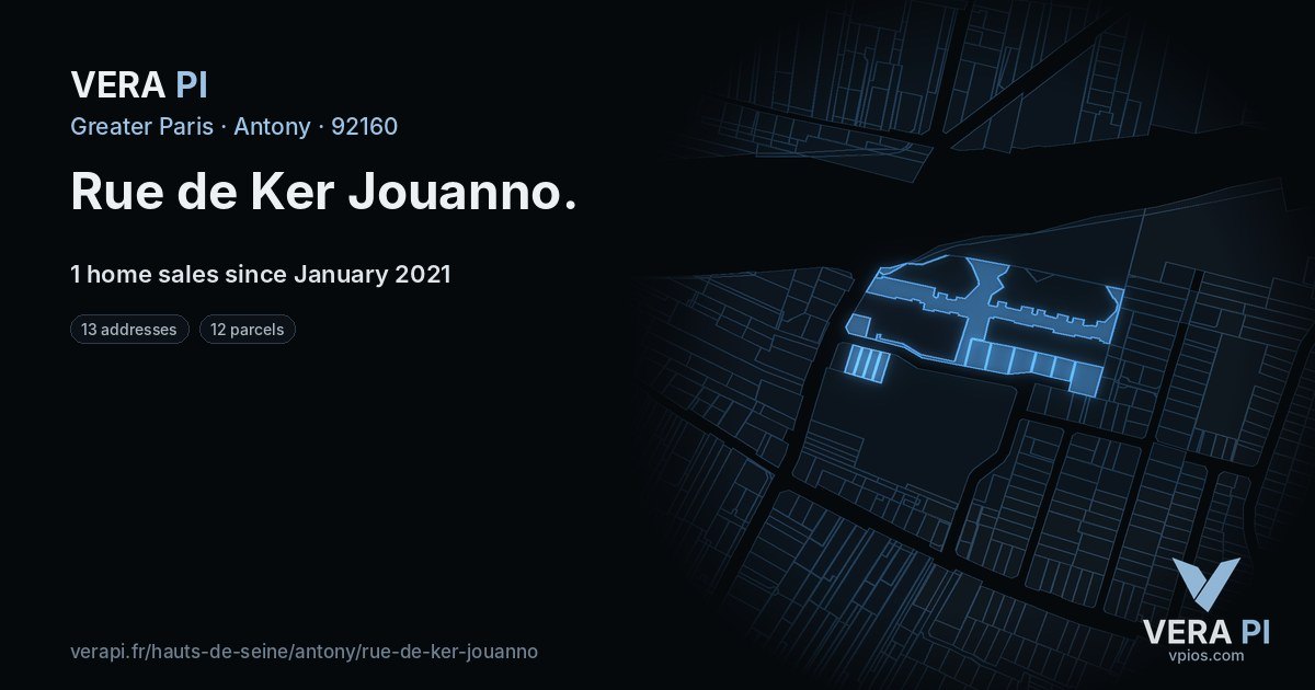 Rue de Ker Jouanno, Antony at night – every parcel coloured by the prices around it, the street's own parcels lit