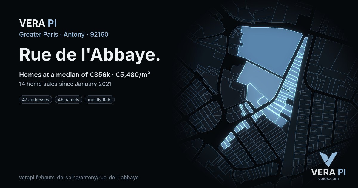 Rue de l'Abbaye, Antony at night – every parcel coloured by the prices around it, the street's own parcels lit