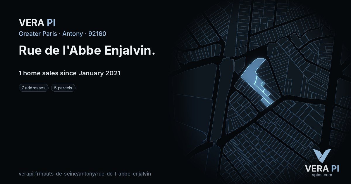 Rue de l'Abbe Enjalvin, Antony at night – every parcel coloured by the prices around it, the street's own parcels lit