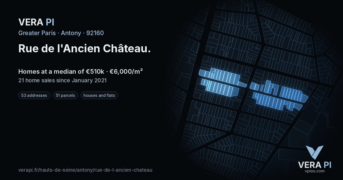 Rue de l'Ancien Château, Antony at night – every parcel coloured by the prices around it, the street's own parcels lit