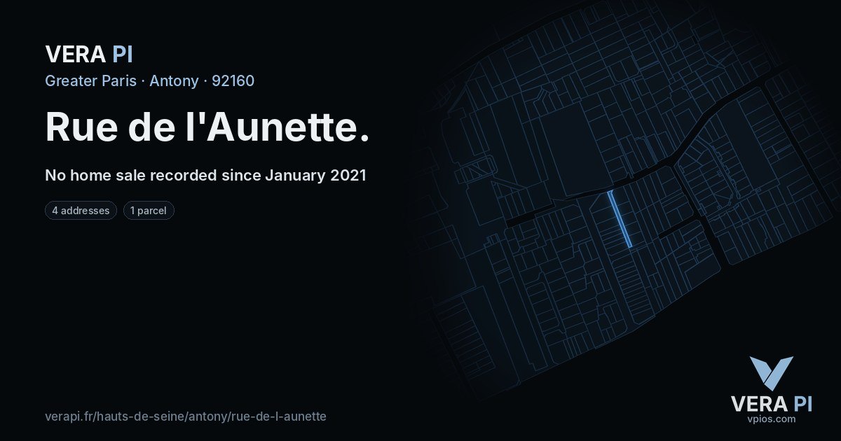 Rue de l'Aunette, Antony at night – every parcel coloured by the prices around it, the street's own parcels lit