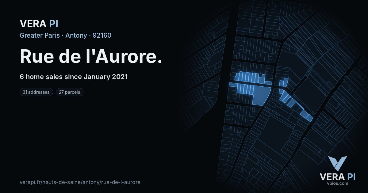 Rue de l'Aurore, Antony at night – every parcel coloured by the prices around it, the street's own parcels lit