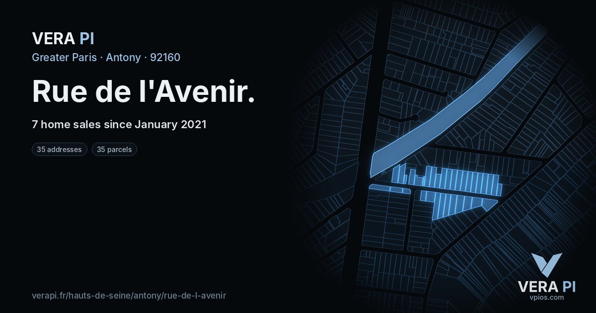 Rue de l'Avenir, Antony at night – every parcel coloured by the prices around it, the street's own parcels lit