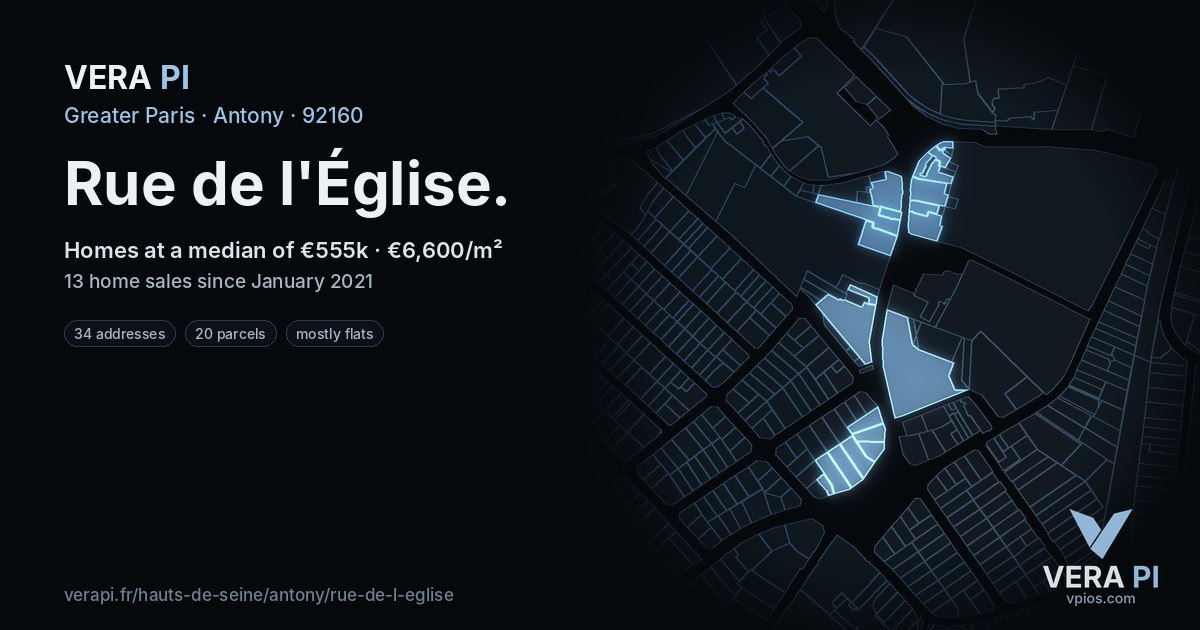 Rue de l'Église, Antony at night – every parcel coloured by the prices around it, the street's own parcels lit