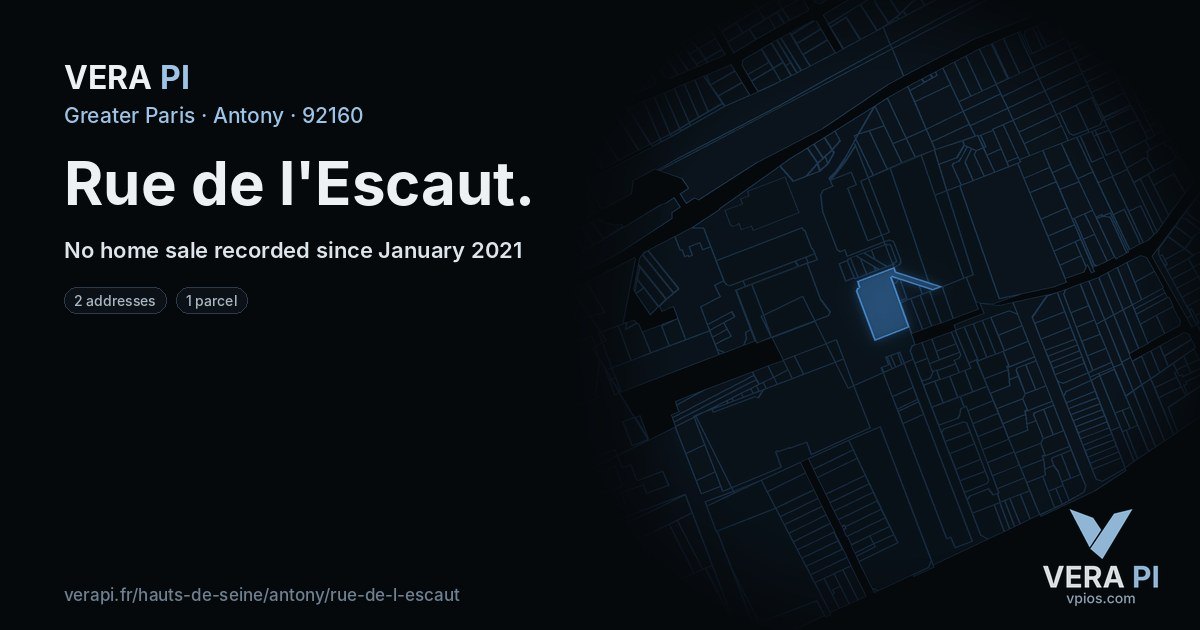 Rue de l'Escaut, Antony at night – every parcel coloured by the prices around it, the street's own parcels lit