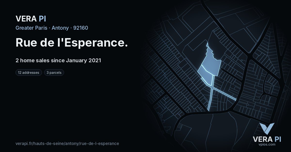 Rue de l'Esperance, Antony at night – every parcel coloured by the prices around it, the street's own parcels lit