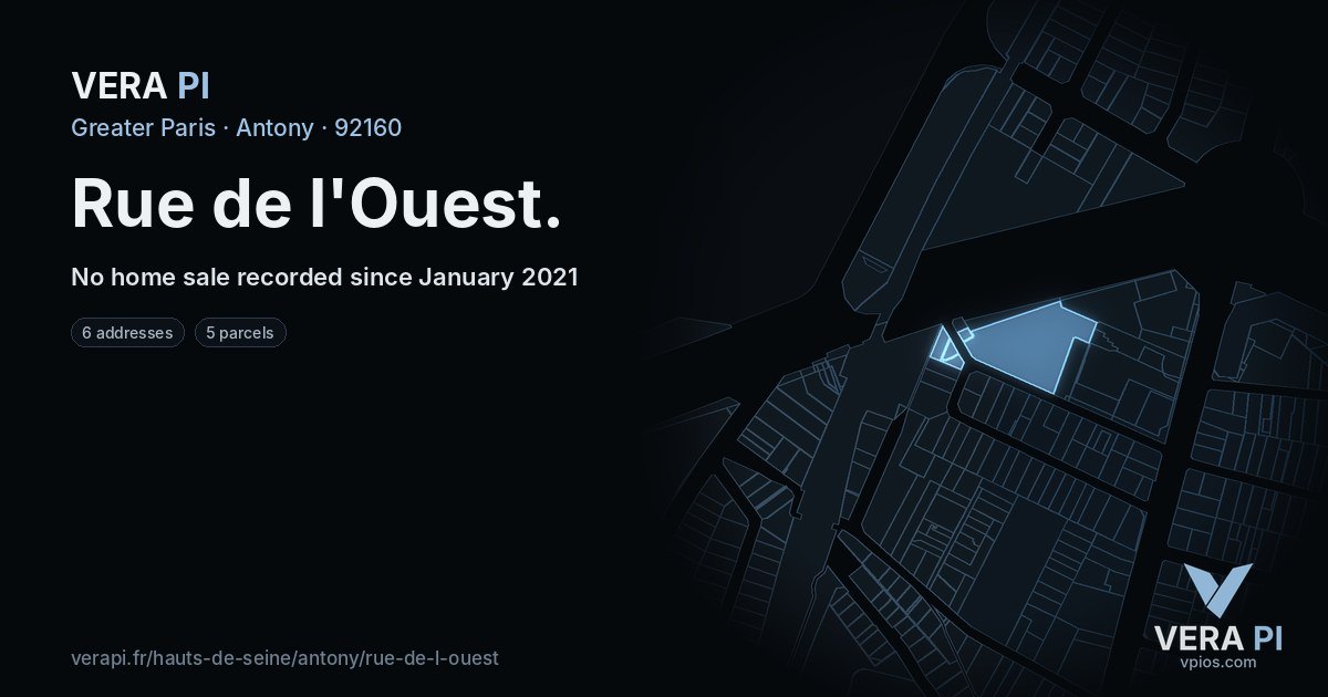 Rue de l'Ouest, Antony at night – every parcel coloured by the prices around it, the street's own parcels lit