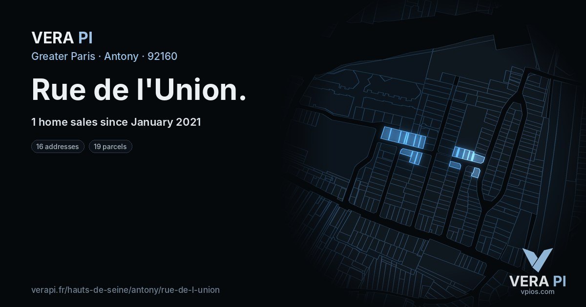 Rue de l'Union, Antony at night – every parcel coloured by the prices around it, the street's own parcels lit