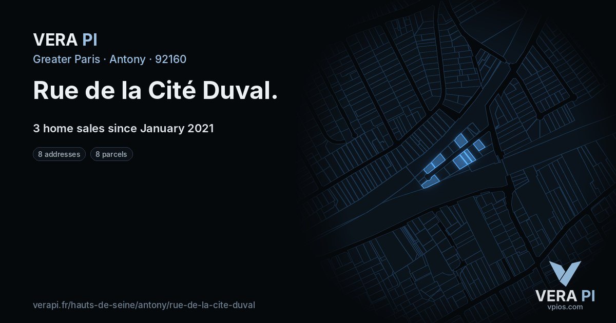Rue de la Cité Duval, Antony at night – every parcel coloured by the prices around it, the street's own parcels lit