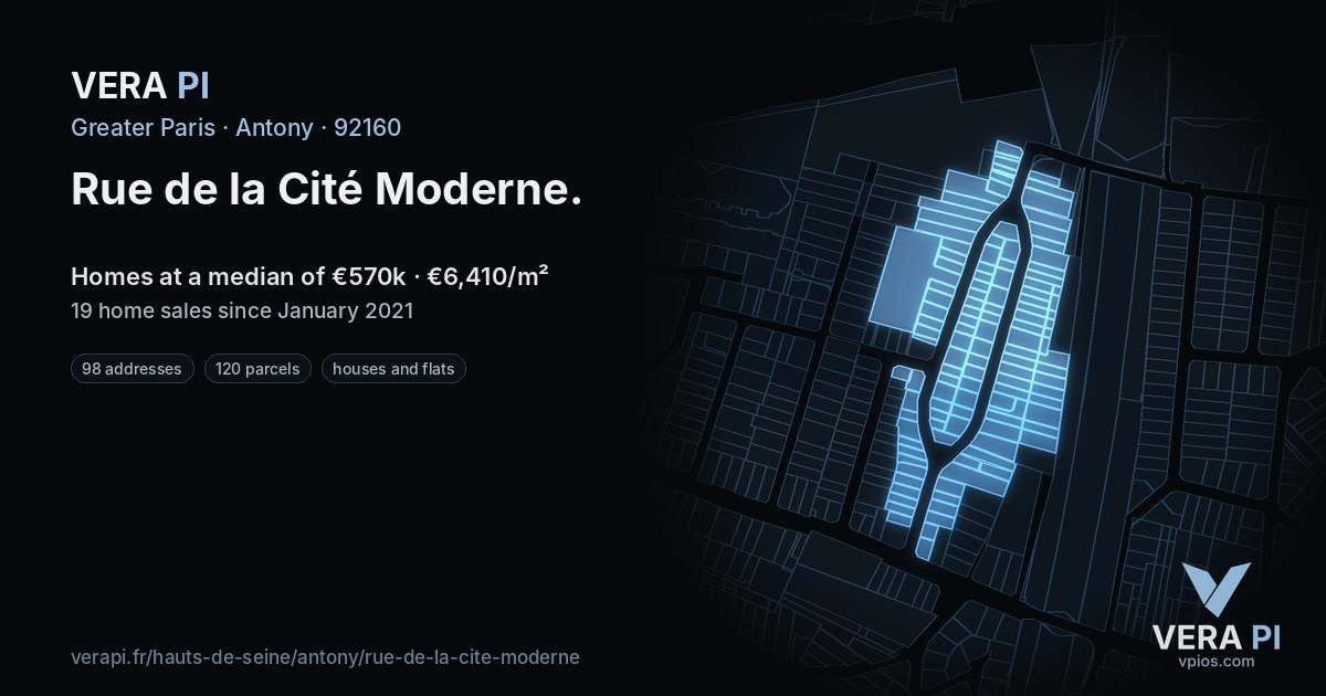 Rue de la Cité Moderne, Antony at night – every parcel coloured by the prices around it, the street's own parcels lit