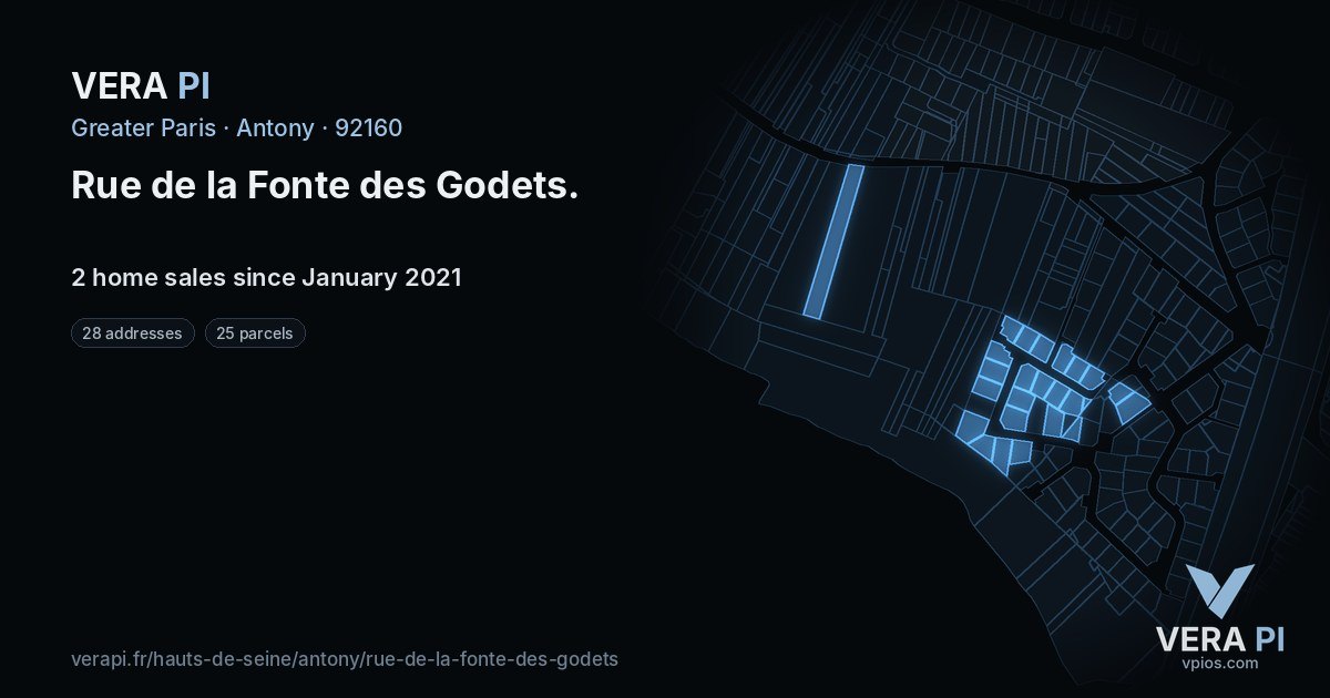 Rue de la Fonte des Godets, Antony at night – every parcel coloured by the prices around it, the street's own parcels lit
