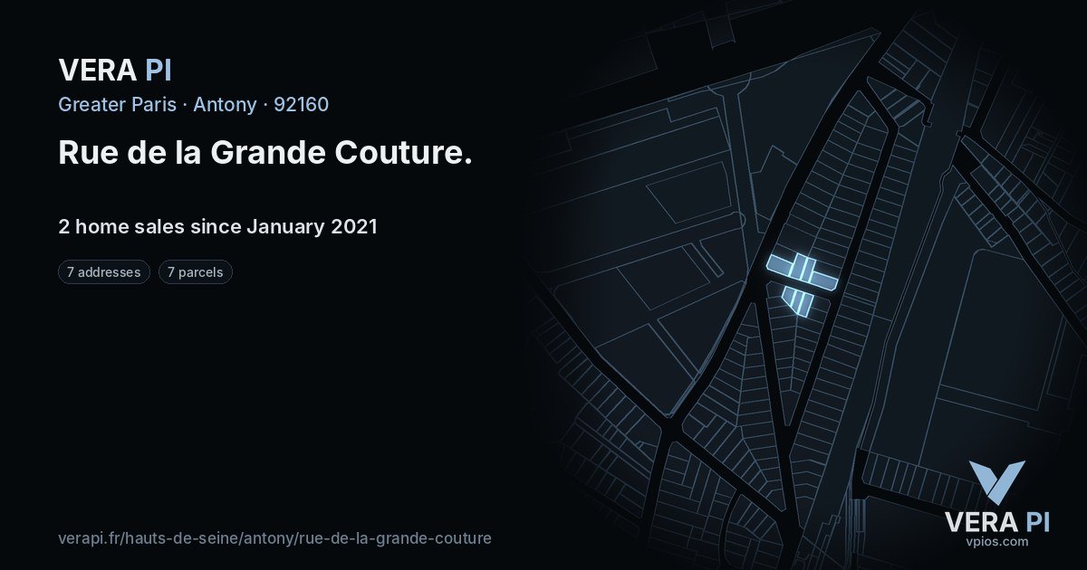Rue de la Grande Couture, Antony at night – every parcel coloured by the prices around it, the street's own parcels lit