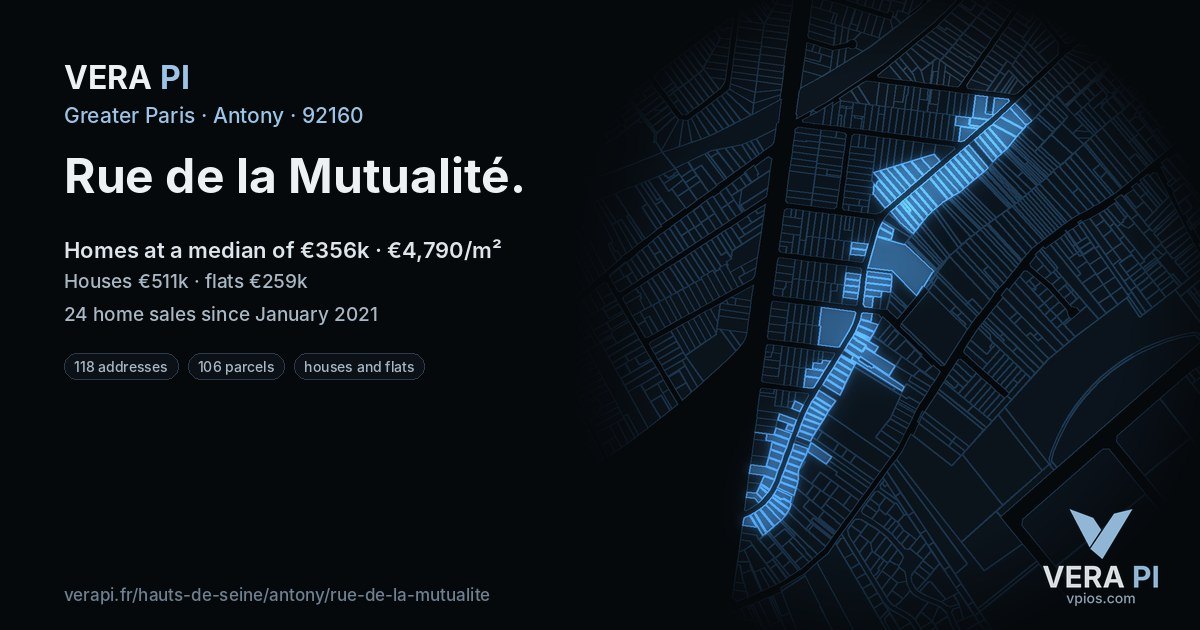 Rue de la Mutualité, Antony at night – every parcel coloured by the prices around it, the street's own parcels lit