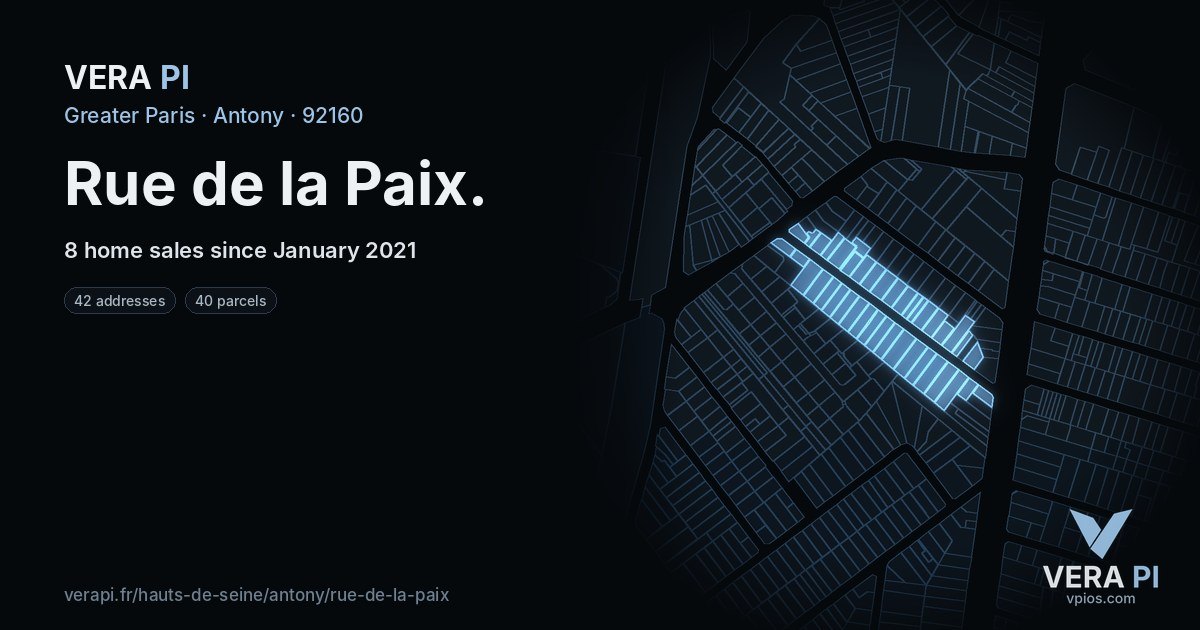 Rue de la Paix, Antony at night – every parcel coloured by the prices around it, the street's own parcels lit
