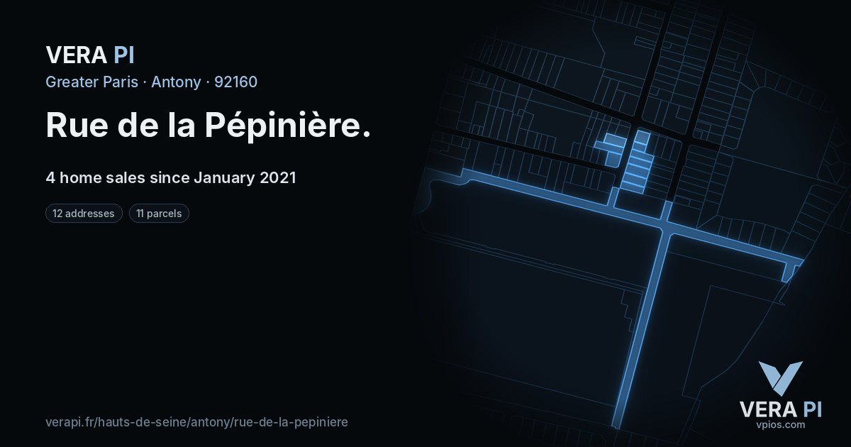 Rue de la Pépinière, Antony at night – every parcel coloured by the prices around it, the street's own parcels lit