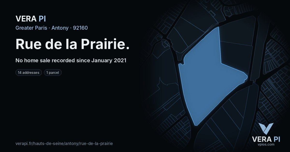 Rue de la Prairie, Antony at night – every parcel coloured by the prices around it, the street's own parcels lit