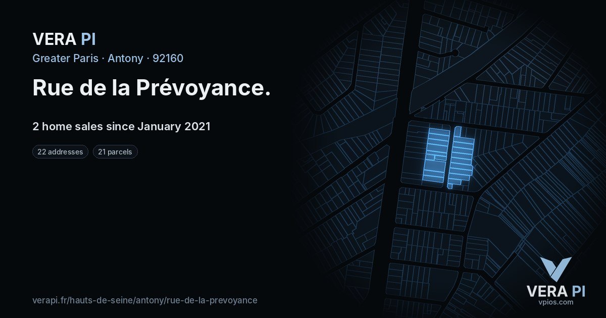 Rue de la Prévoyance, Antony at night – every parcel coloured by the prices around it, the street's own parcels lit