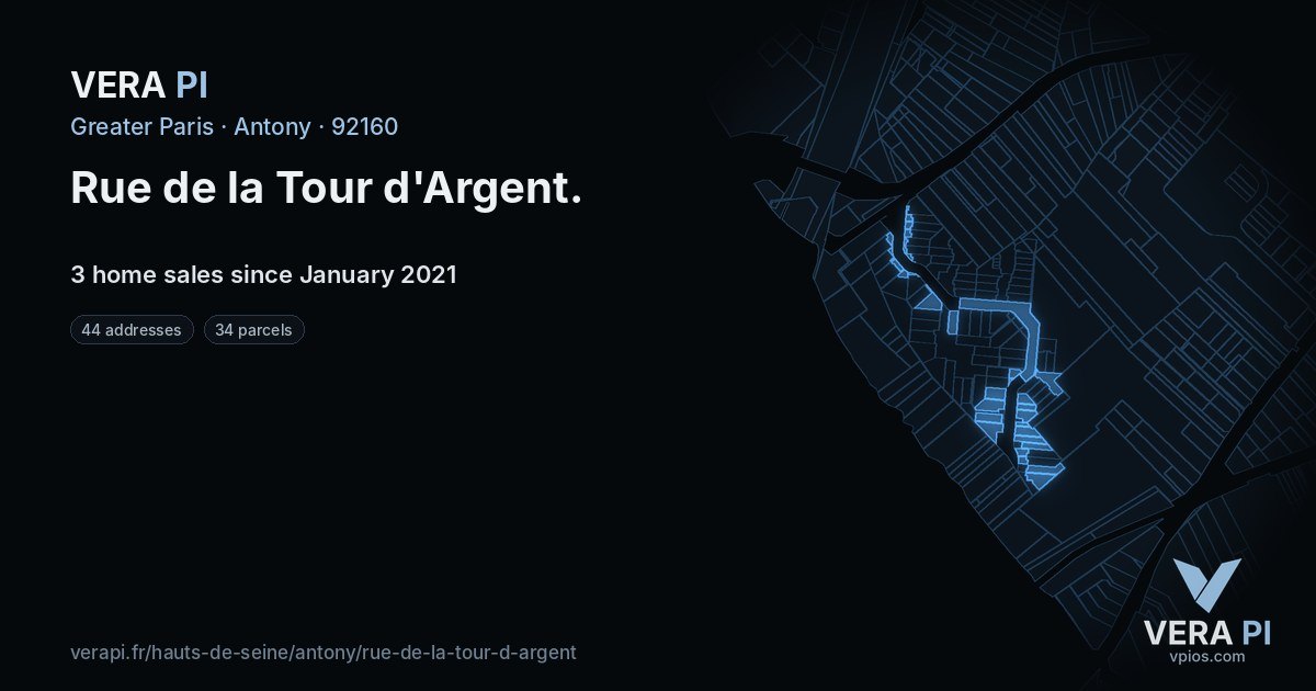 Rue de la Tour d'Argent, Antony at night – every parcel coloured by the prices around it, the street's own parcels lit