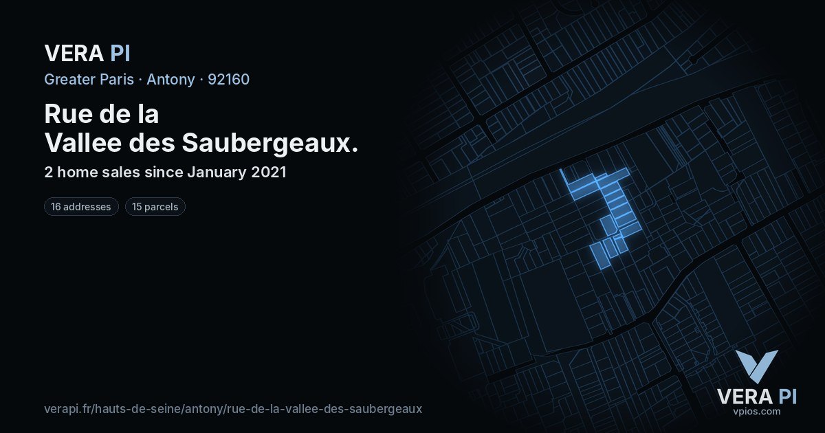 Rue de la Vallee des Saubergeaux, Antony at night – every parcel coloured by the prices around it, the street's own parcels lit