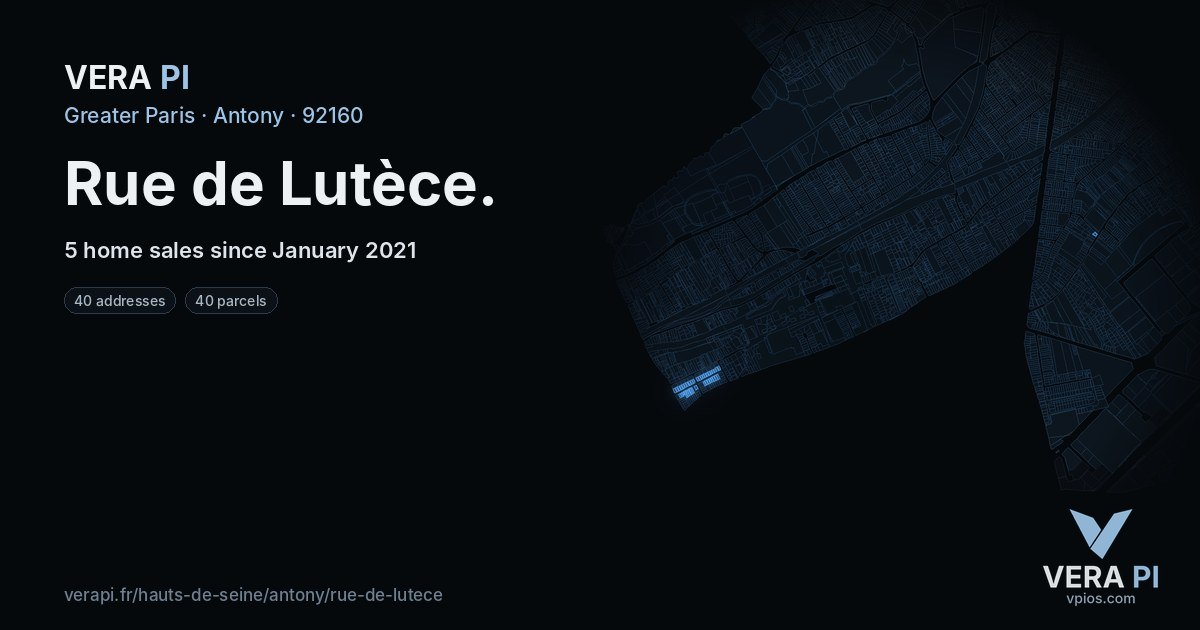 Rue de Lutèce, Antony at night – every parcel coloured by the prices around it, the street's own parcels lit
