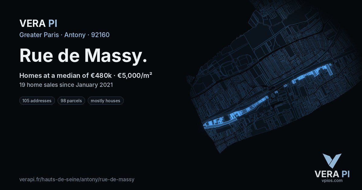 Rue de Massy, Antony at night – every parcel coloured by the prices around it, the street's own parcels lit