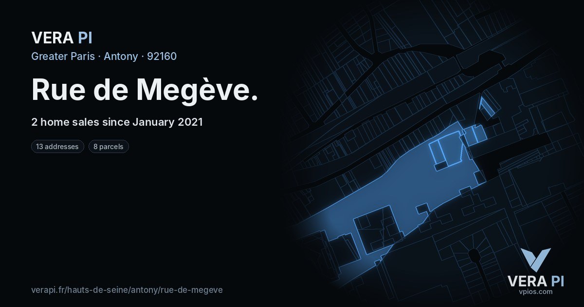 Rue de Megève, Antony at night – every parcel coloured by the prices around it, the street's own parcels lit