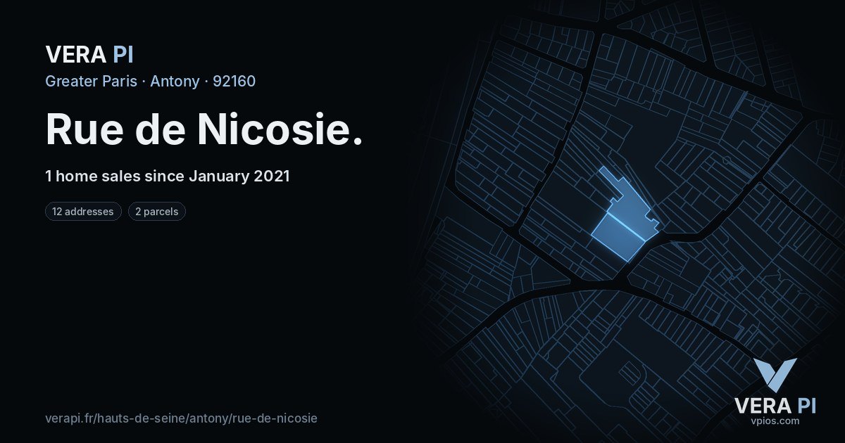 Rue de Nicosie, Antony at night – every parcel coloured by the prices around it, the street's own parcels lit