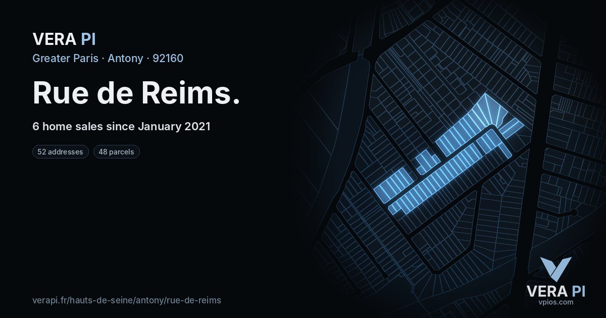 Rue de Reims, Antony at night – every parcel coloured by the prices around it, the street's own parcels lit