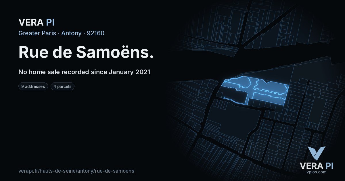 Rue de Samoëns, Antony at night – every parcel coloured by the prices around it, the street's own parcels lit