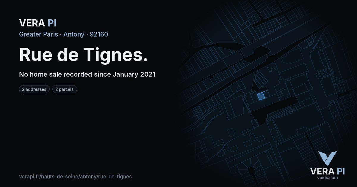 Rue de Tignes, Antony at night – every parcel coloured by the prices around it, the street's own parcels lit